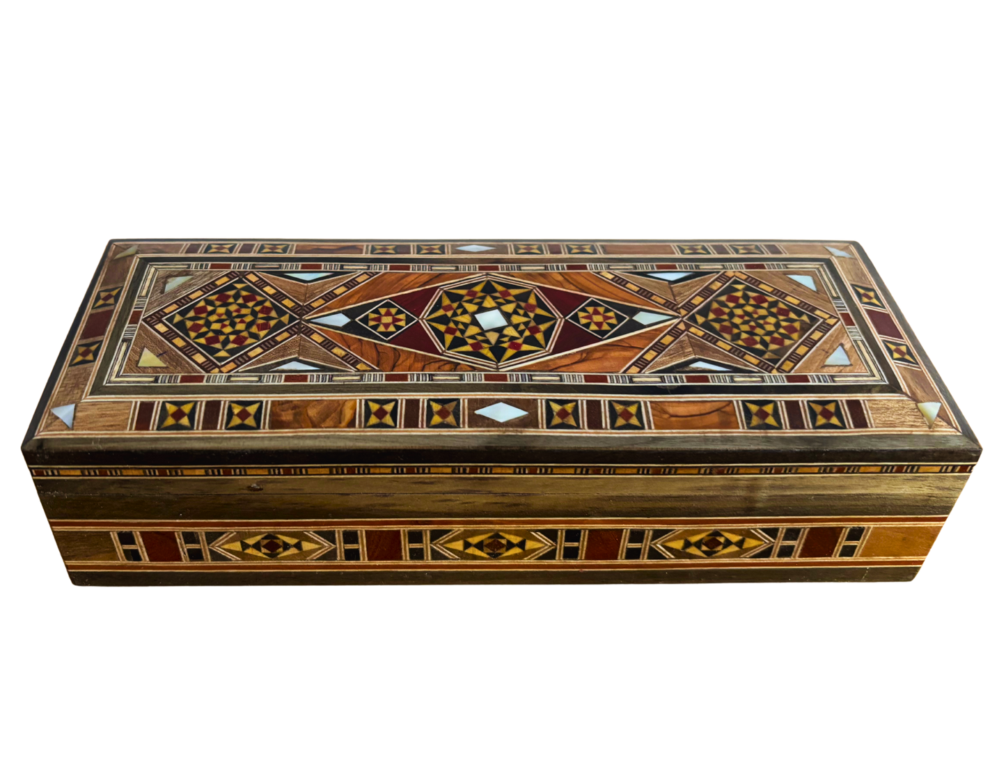 صندوق موزاييك دمشقي للأقلام والمجوهرات والمسبحة – فن مطعّم بالصدف
