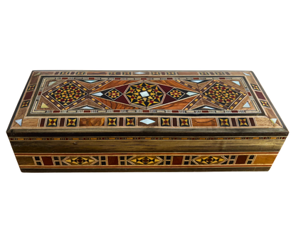 صندوق موزاييك دمشقي للأقلام والمجوهرات والمسبحة – فن مطعّم بالصدف
