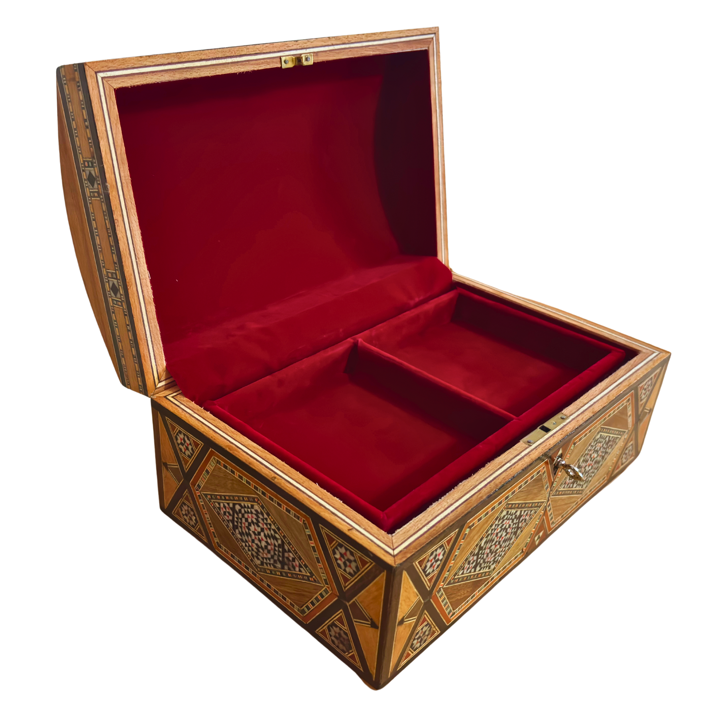 صندوق مجوهرات موزاييك دمشقي قديم – من طبقات متعددة مع قفل ومفتاح من عام 1970