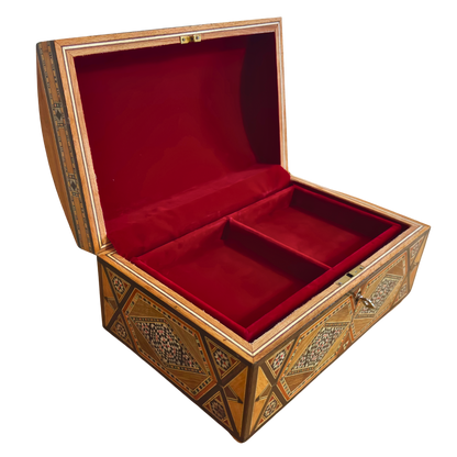 صندوق مجوهرات موزاييك دمشقي قديم – من طبقات متعددة مع قفل ومفتاح من عام 1970