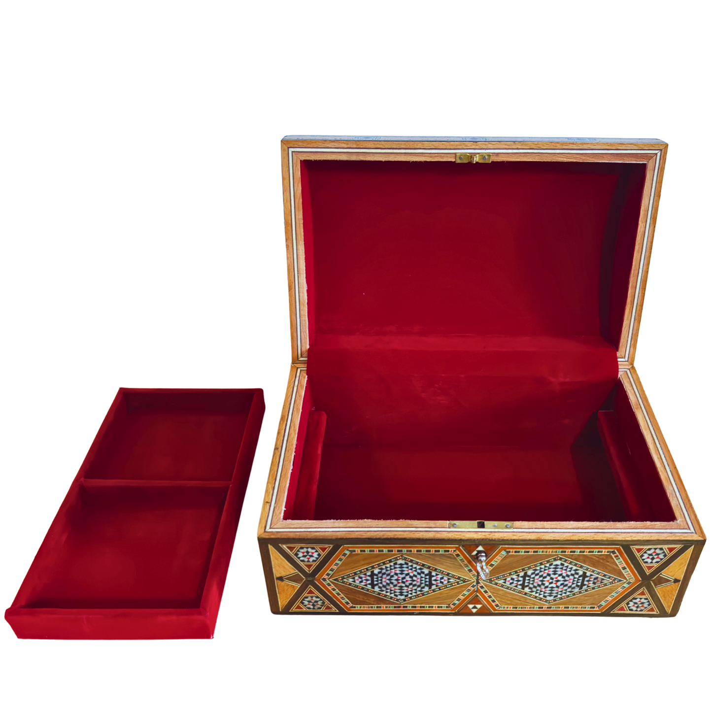 صندوق مجوهرات موزاييك دمشقي قديم – من طبقات متعددة مع قفل ومفتاح من عام 1970