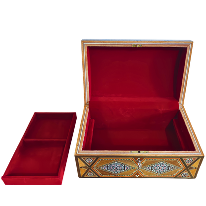 صندوق مجوهرات موزاييك دمشقي قديم – من طبقات متعددة مع قفل ومفتاح من عام 1970