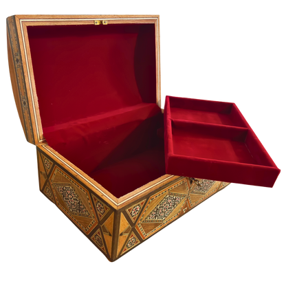 صندوق مجوهرات موزاييك دمشقي قديم – من طبقات متعددة مع قفل ومفتاح من عام 1970