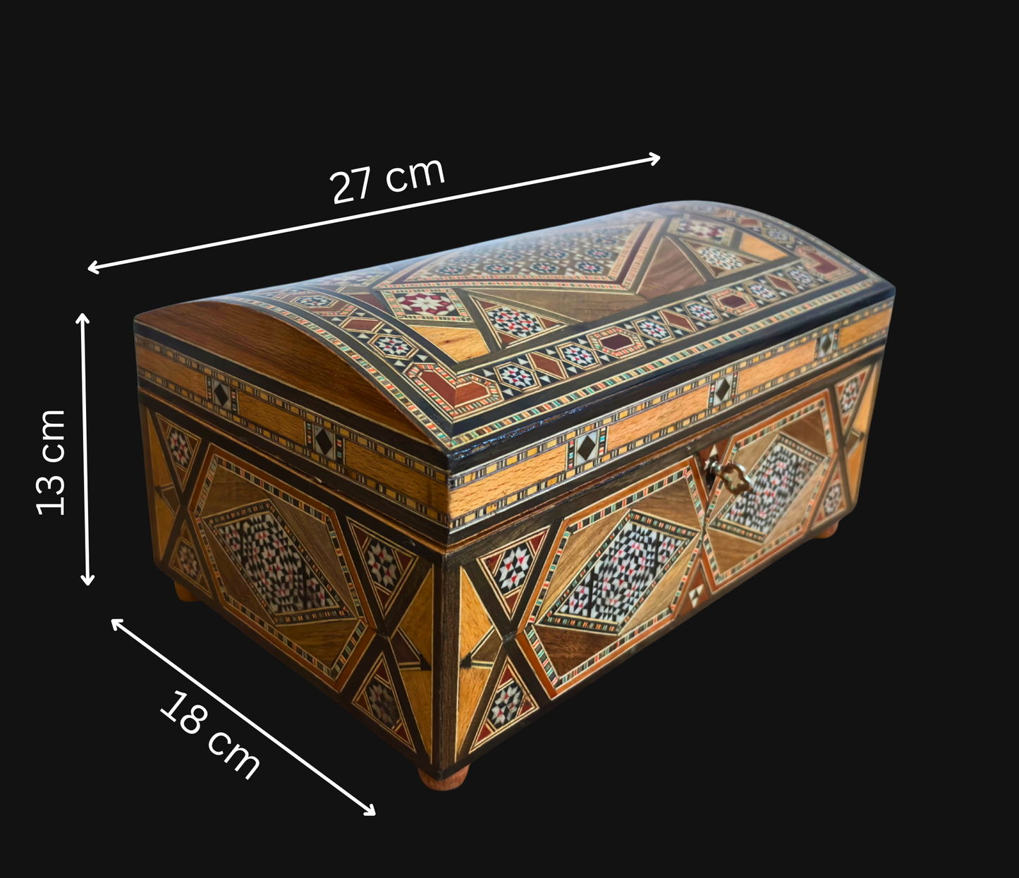 صندوق مجوهرات موزاييك دمشقي قديم – من طبقات متعددة مع قفل ومفتاح من عام 1970
