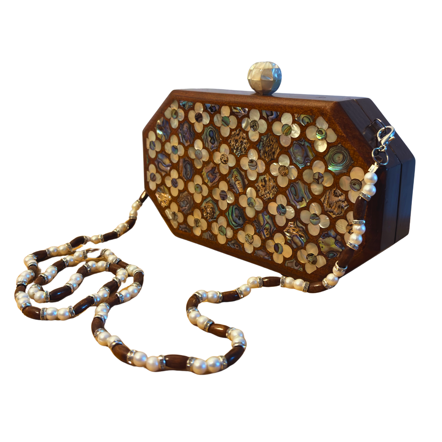 Jouri – Luxuriöse Damaszener Clutch mit Rosen-Perlmutt & Perlenkette