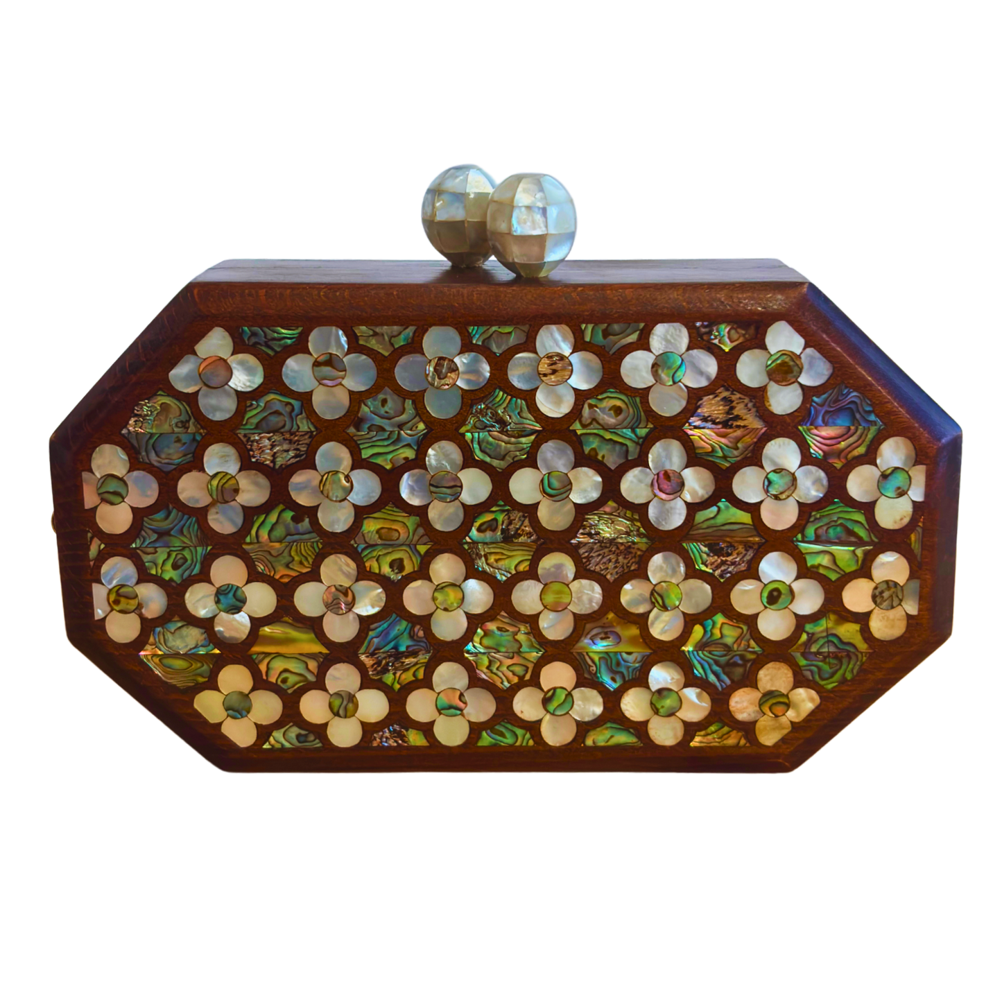 Jouri – Luxuriöse Damaszener Clutch mit Rosen-Perlmutt & Perlenkette