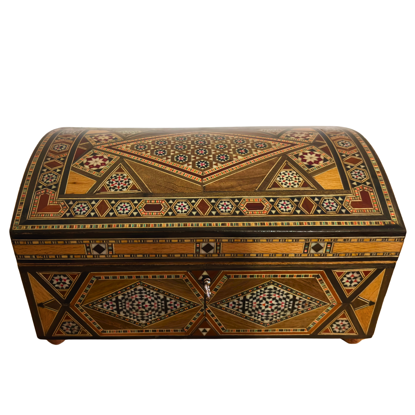 صندوق مجوهرات موزاييك دمشقي قديم – من طبقات متعددة مع قفل ومفتاح من عام 1970