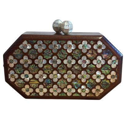 Jouri – Lüks Şam El Çantası, Gül Motifli Sedef İşleme & İnci Tesbih Zinciri