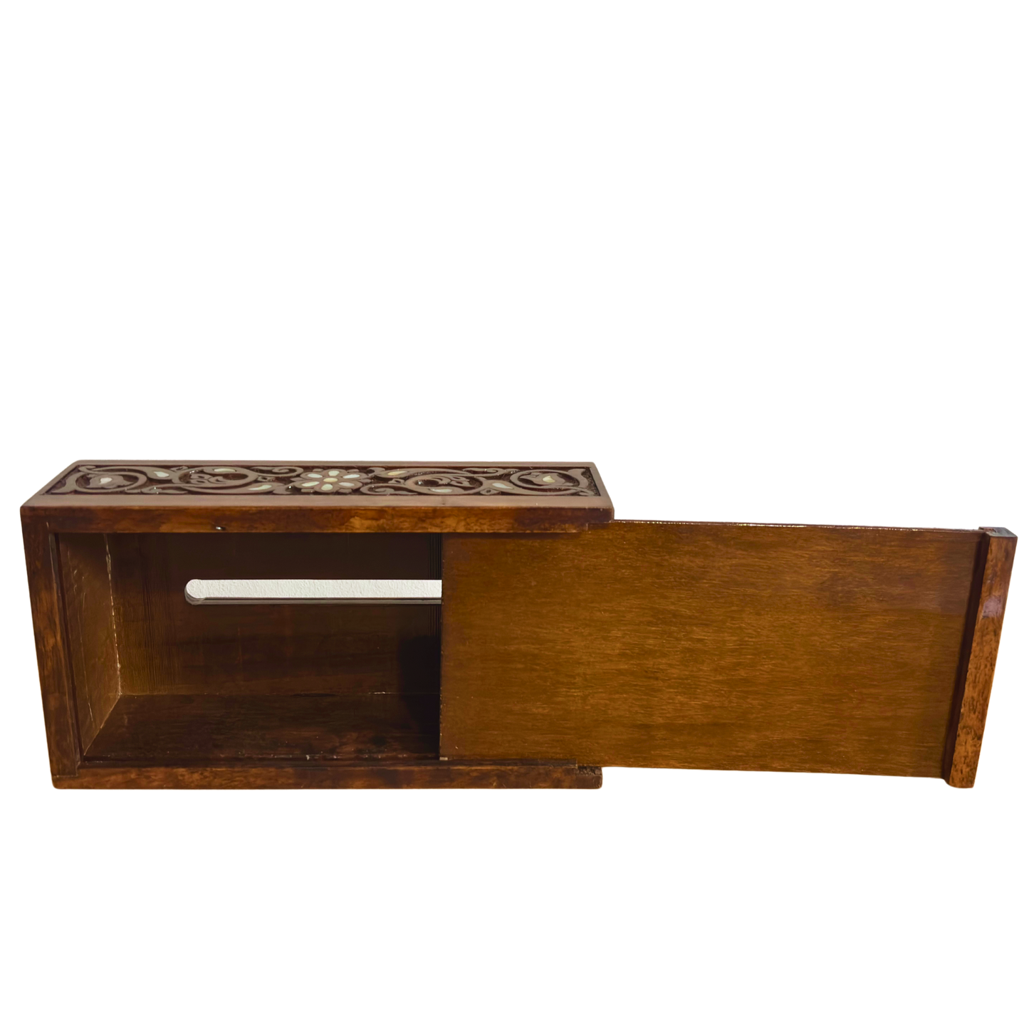 علبة مناديل محفورة يدويًا من خشب الزان ومطعمة بالصدف –  مصقول بلون الجوز الطبيعي