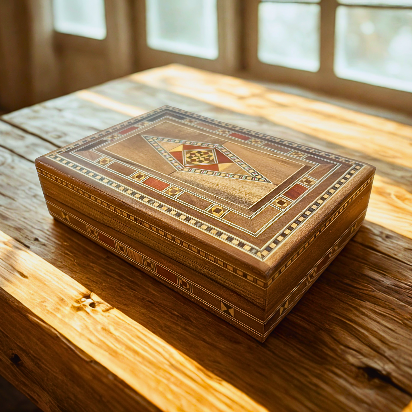 صندوق مجوهرات خشبي موزاييك دمشقي – فن شرقي مصنوع يدويًا