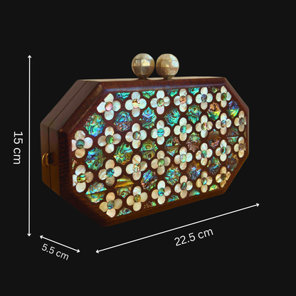 Jouri – Luxuriöse Damaszener Clutch mit Rosen-Perlmutt & Perlenkette