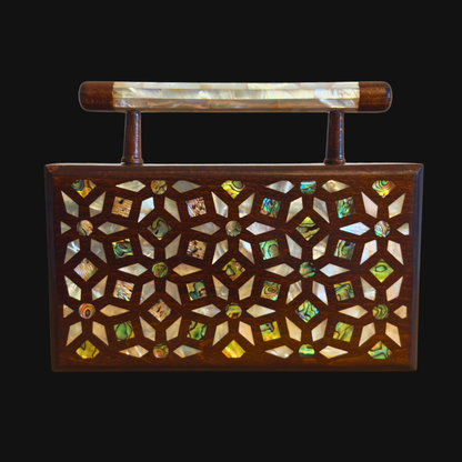 Zenobia – İnci Kakmalı & Brokar Astarı ile Lüks Dimaşk Mozaik Ahşap Clutch Çanta