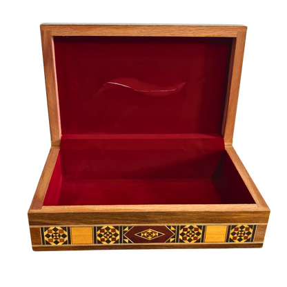 صندوق مناديل خشبي موزاييك دمشقي أنيق – مطعّم بالصدف مع بطانة مخملية