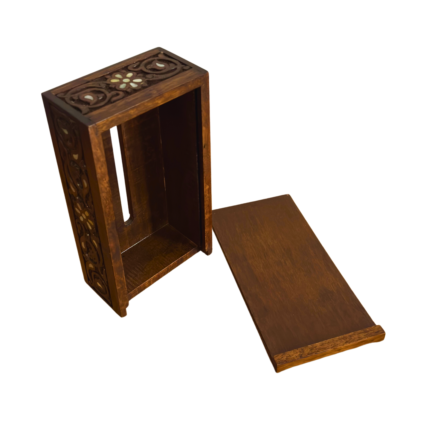 علبة مناديل محفورة يدويًا من خشب الزان ومطعمة بالصدف –  مصقول بلون الجوز الطبيعي