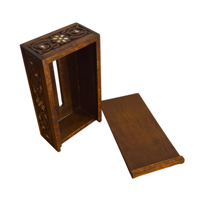 علبة مناديل محفورة يدويًا من خشب الزان ومطعمة بالصدف –  مصقول بلون الجوز الطبيعي