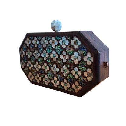 Jouri – Lüks Şam El Çantası, Gül Motifli Sedef İşleme & İnci Tesbih Zinciri