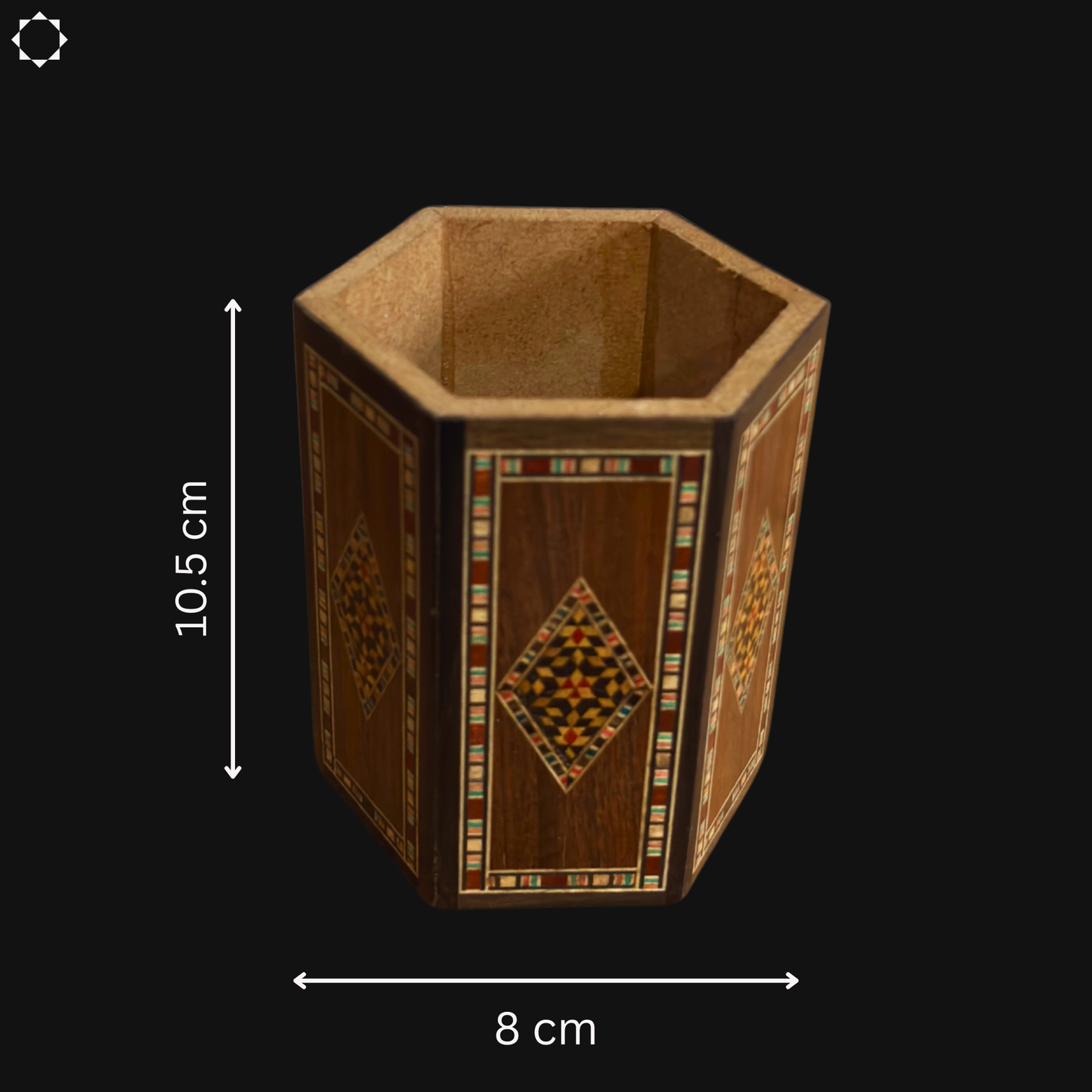 حامل أقلام خشبي موزاييك دمشقي من غابي آل ديّه – أناقة مصنوعة يدويًا من خشب طبيعي