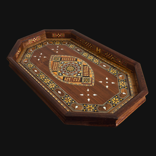 صينية خشبية موزاييك دمشقية – مطعمة بالصدف وإنهاء جوزي فاخر