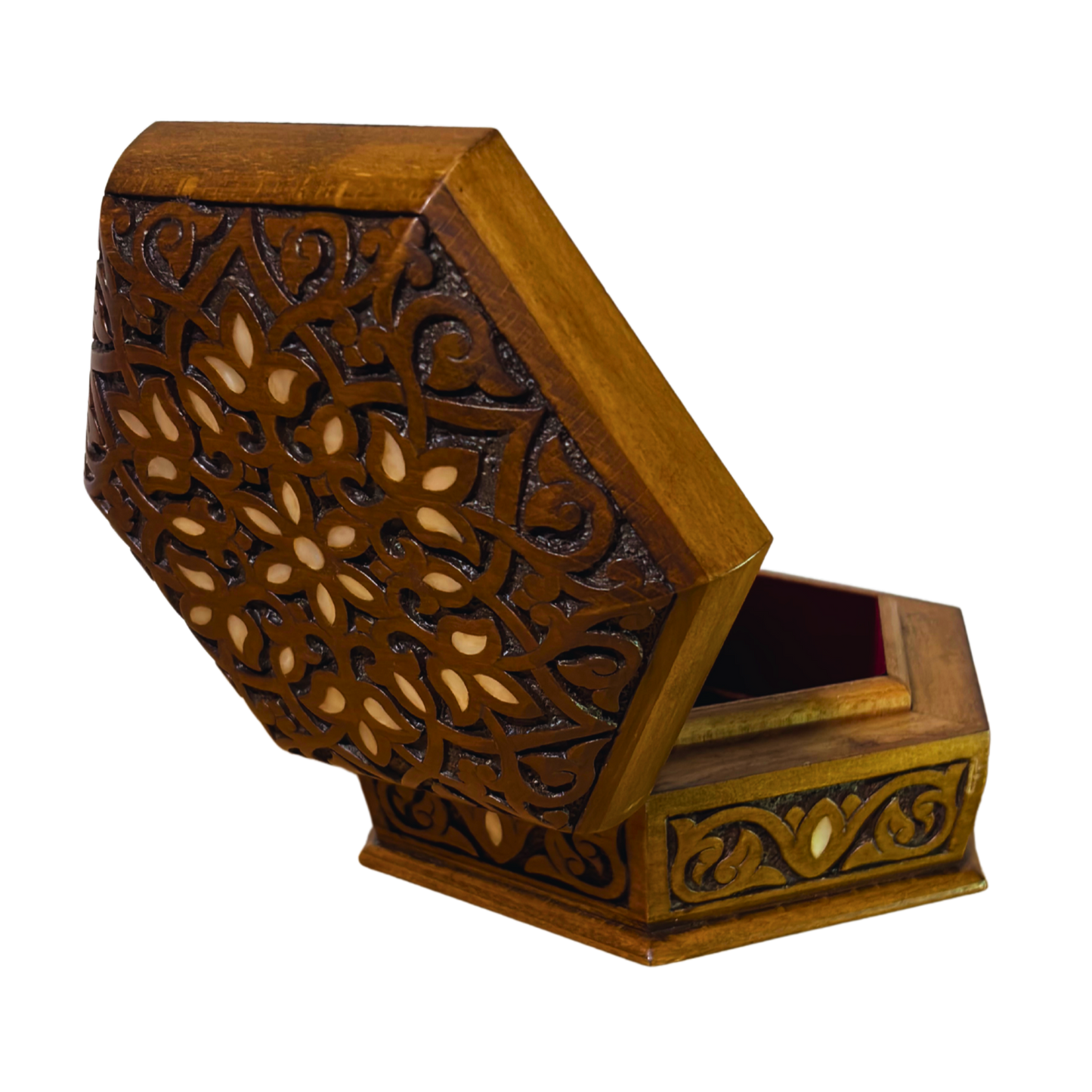 صندوق محفور يدوي فاخر – تطعيم بالصدف وأناقة مخملية