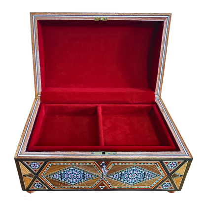 صندوق مجوهرات موزاييك دمشقي قديم – من طبقات متعددة مع قفل ومفتاح من عام 1970