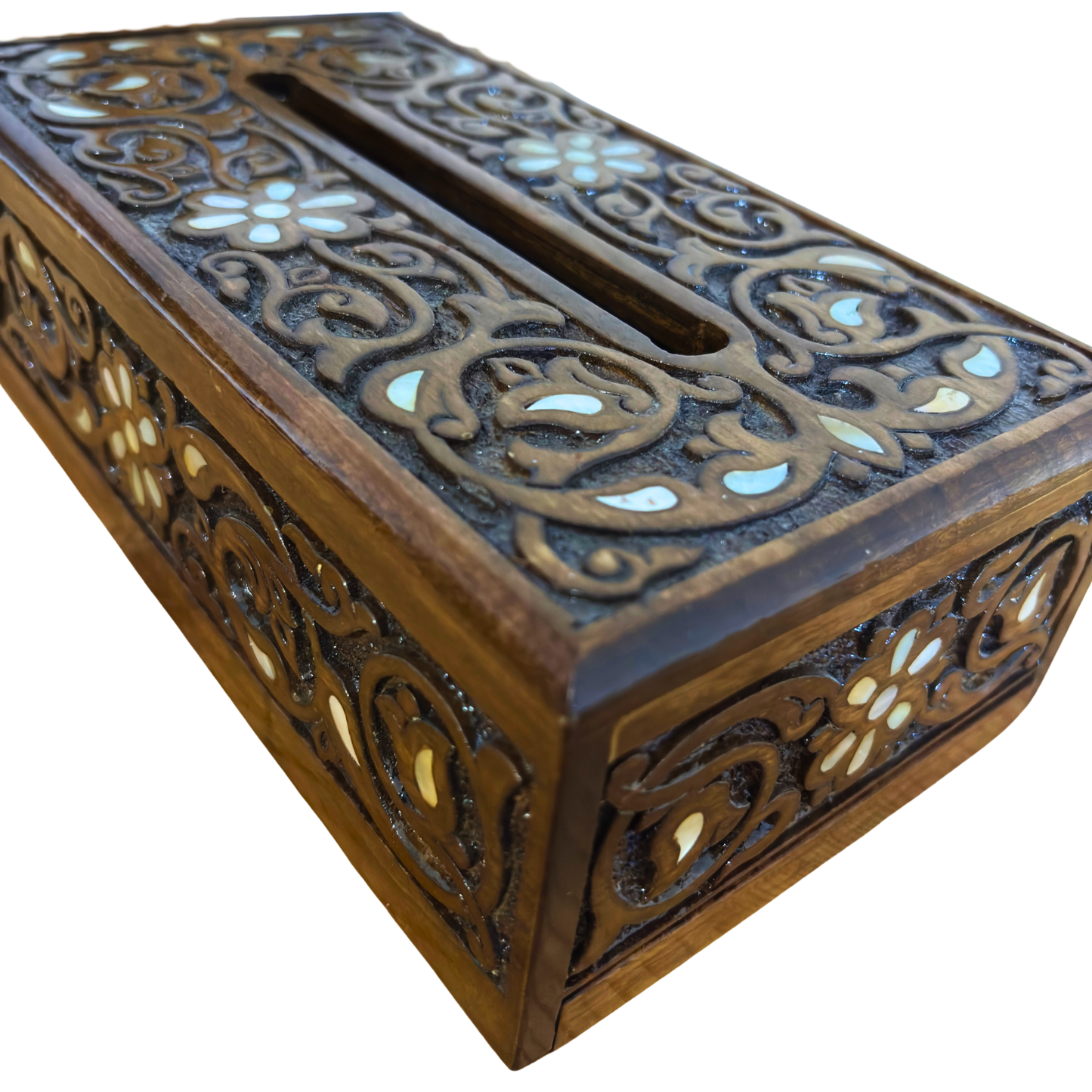 علبة مناديل محفورة يدويًا من خشب الزان ومطعمة بالصدف –  مصقول بلون الجوز الطبيعي