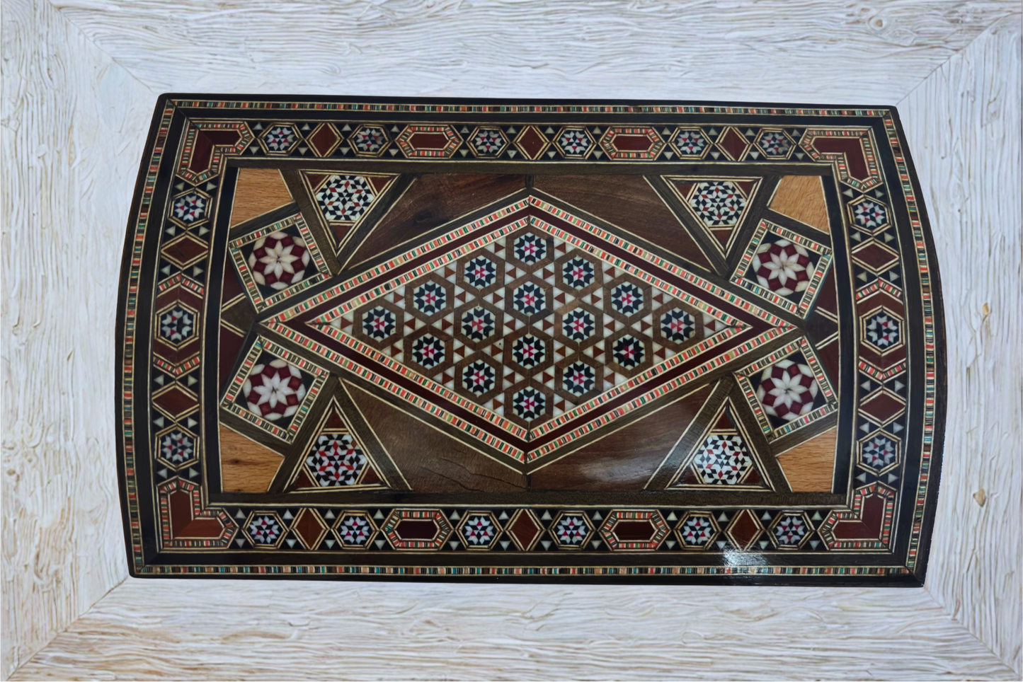 صندوق مجوهرات موزاييك دمشقي قديم – من طبقات متعددة مع قفل ومفتاح من عام 1970