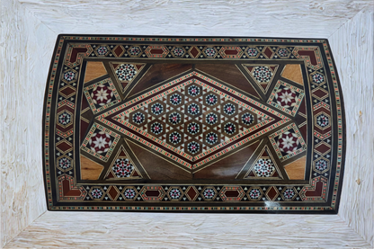 صندوق مجوهرات موزاييك دمشقي قديم – من طبقات متعددة مع قفل ومفتاح من عام 1970