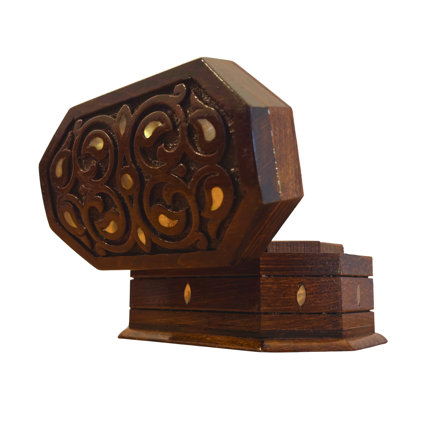 Boîte en Hêtre Sculptée à la Main – Nacre & Finition Noyer Élégante