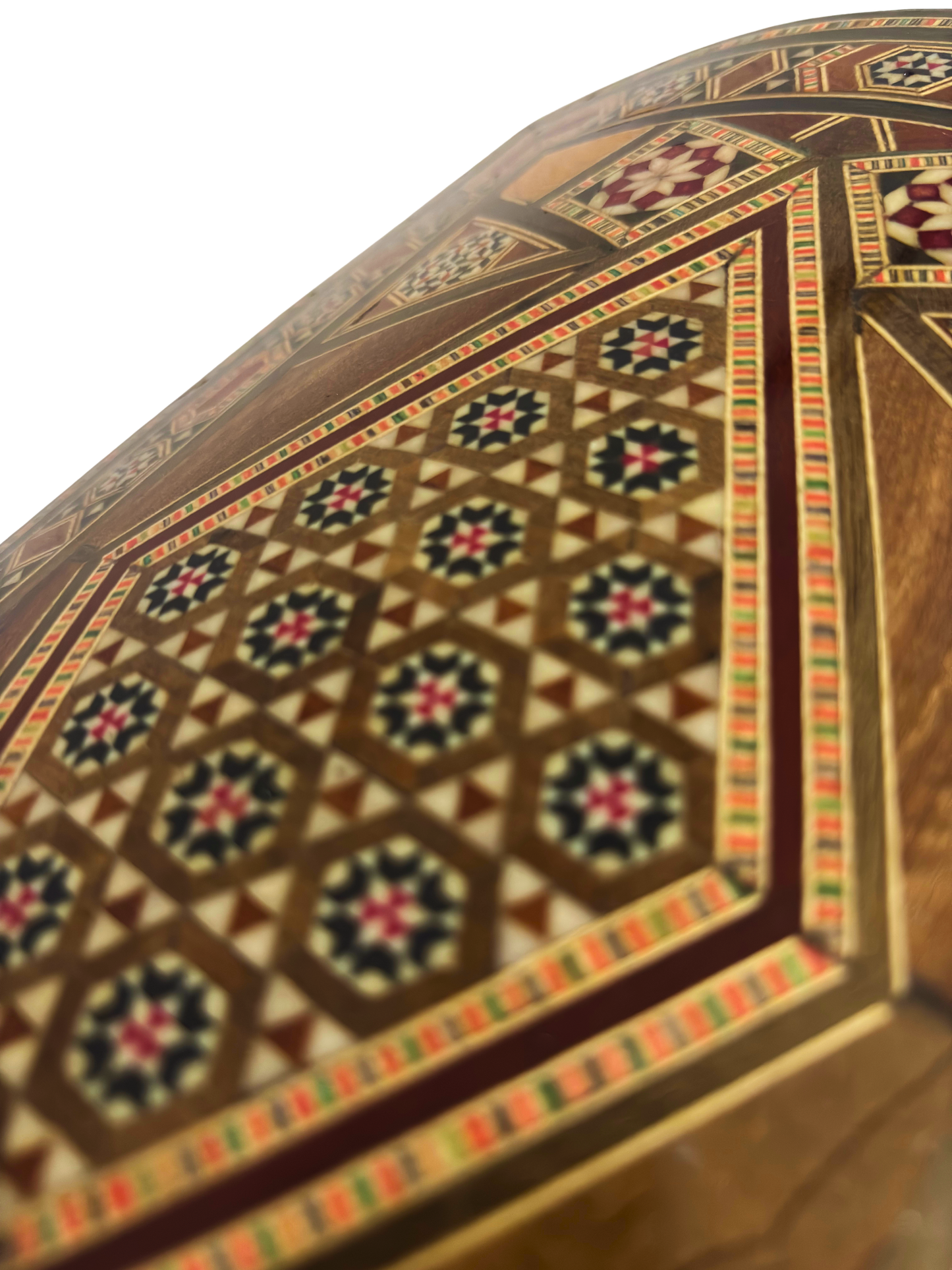 صندوق مجوهرات موزاييك دمشقي قديم – من طبقات متعددة مع قفل ومفتاح من عام 1970