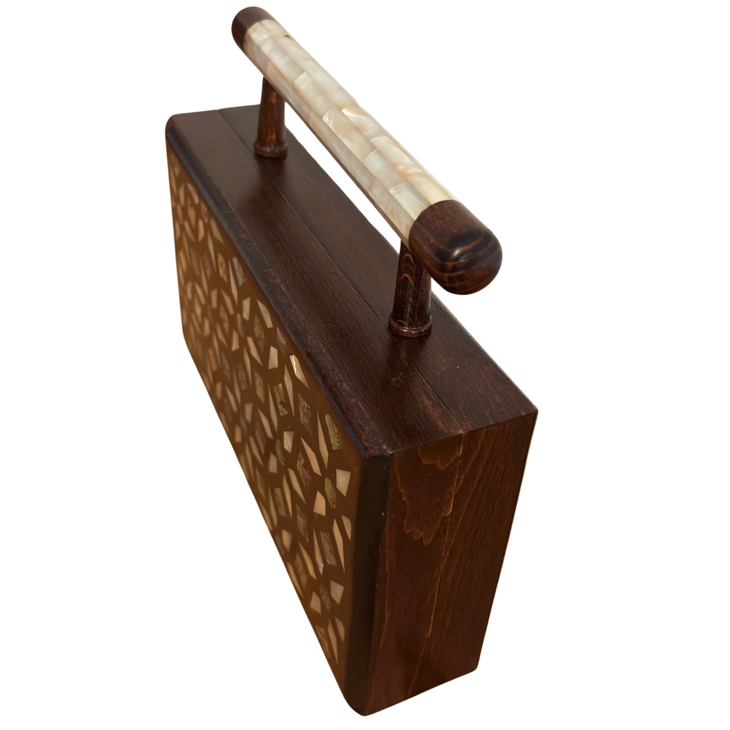 Zenobia – İnci Kakmalı & Brokar Astarı ile Lüks Dimaşk Mozaik Ahşap Clutch Çanta