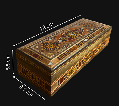 صندوق موزاييك دمشقي للأقلام والمجوهرات والمسبحة – فن مطعّم بالصدف
