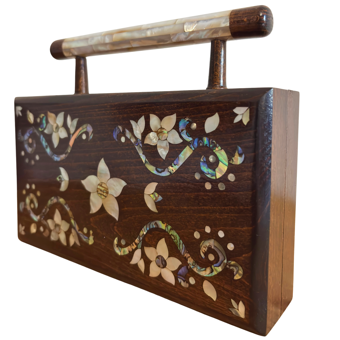 The Garden of Noor – Lüks Şam El Çantası, Çiçek Motifli Sedef İşleme ve Brokar Astar