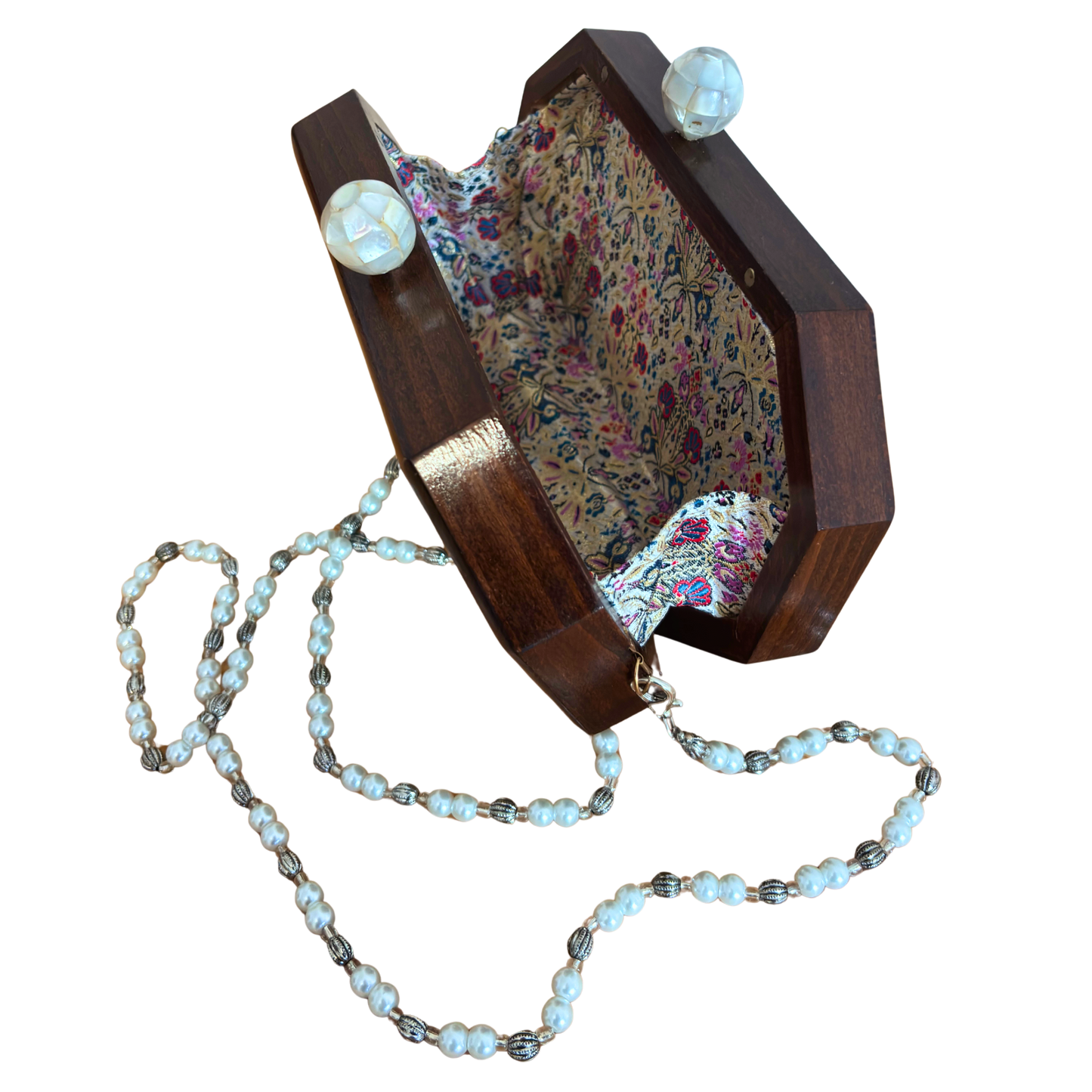 Jouri – Lüks Şam El Çantası, Gül Motifli Sedef İşleme & İnci Tesbih Zinciri