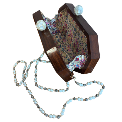 Jouri – Lüks Şam El Çantası, Gül Motifli Sedef İşleme & İnci Tesbih Zinciri