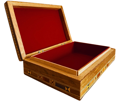 صندوق مجوهرات خشبي موزاييك دمشقي – فن شرقي مصنوع يدويًا