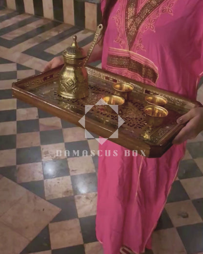  صينية موزاييك دمشقية فاخرة – تصميم محفور مطعّم بصدف طبيعي وألوان خشبية جميلة